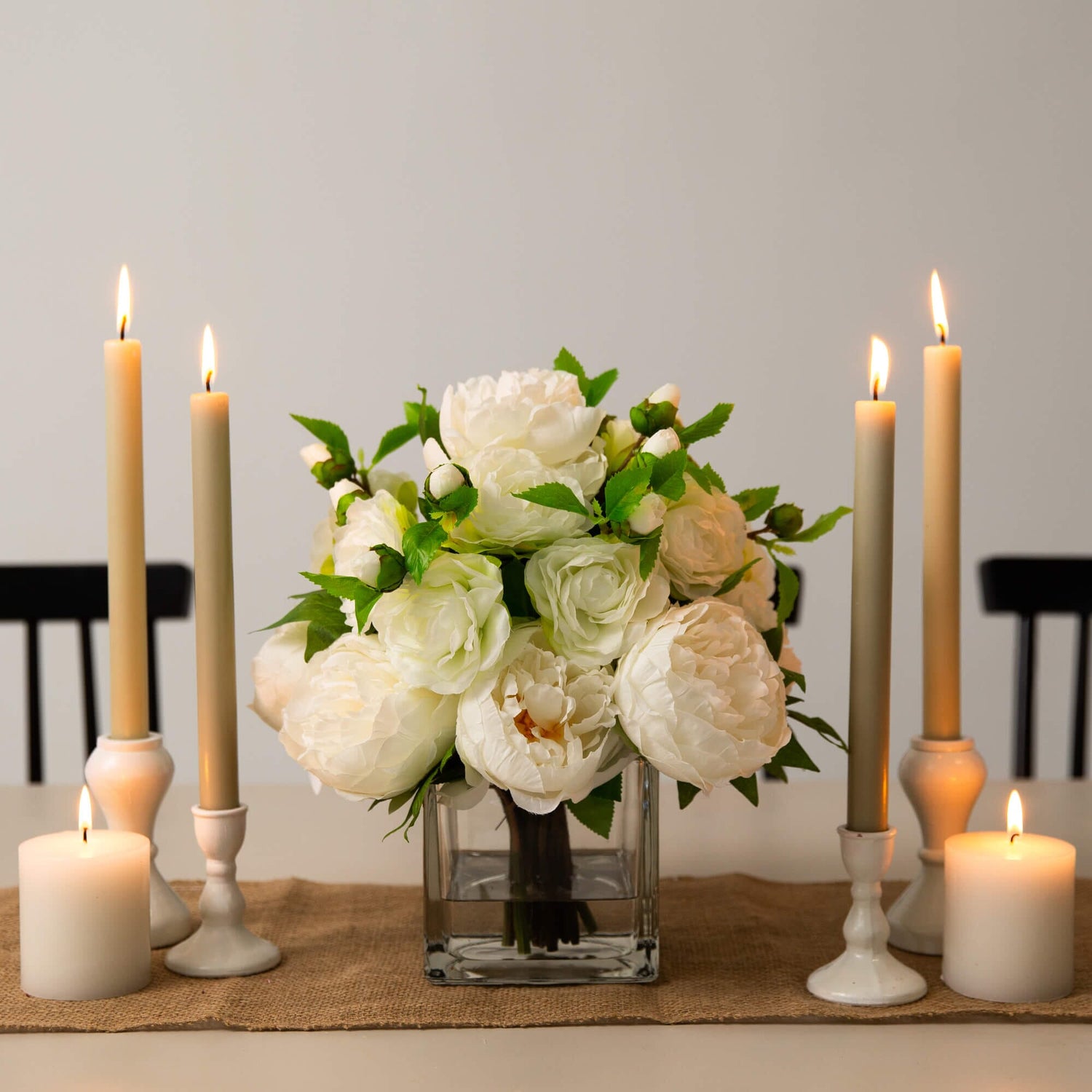 Wedding Collection 13" Peony and Camellia Artificial Arrangement in Glass Vase