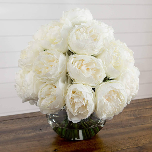 Wedding Collection 15" Artificial Peony Arrangement in Glass Vase