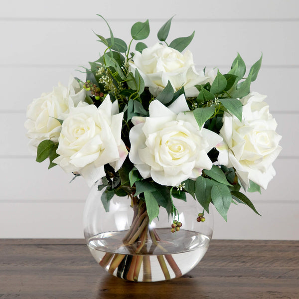 Wedding Collection 16" Artificial Roses and Mixed Greens Arrangement in Glass Vase