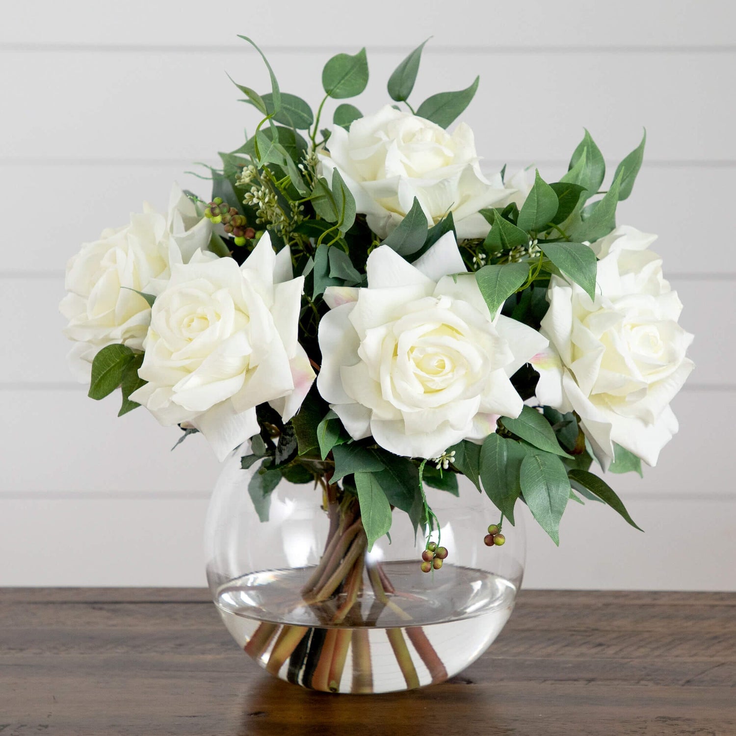 Wedding Collection 16" Artificial Roses and Mixed Greens Arrangement in Glass Vase