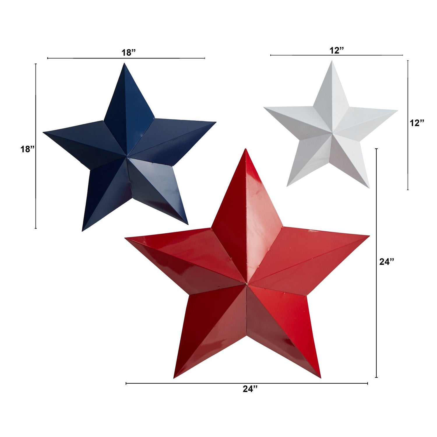 12”, 18” and 24” Americana Farmhouse Metal Stars Wall Decor Set (Set of 3)