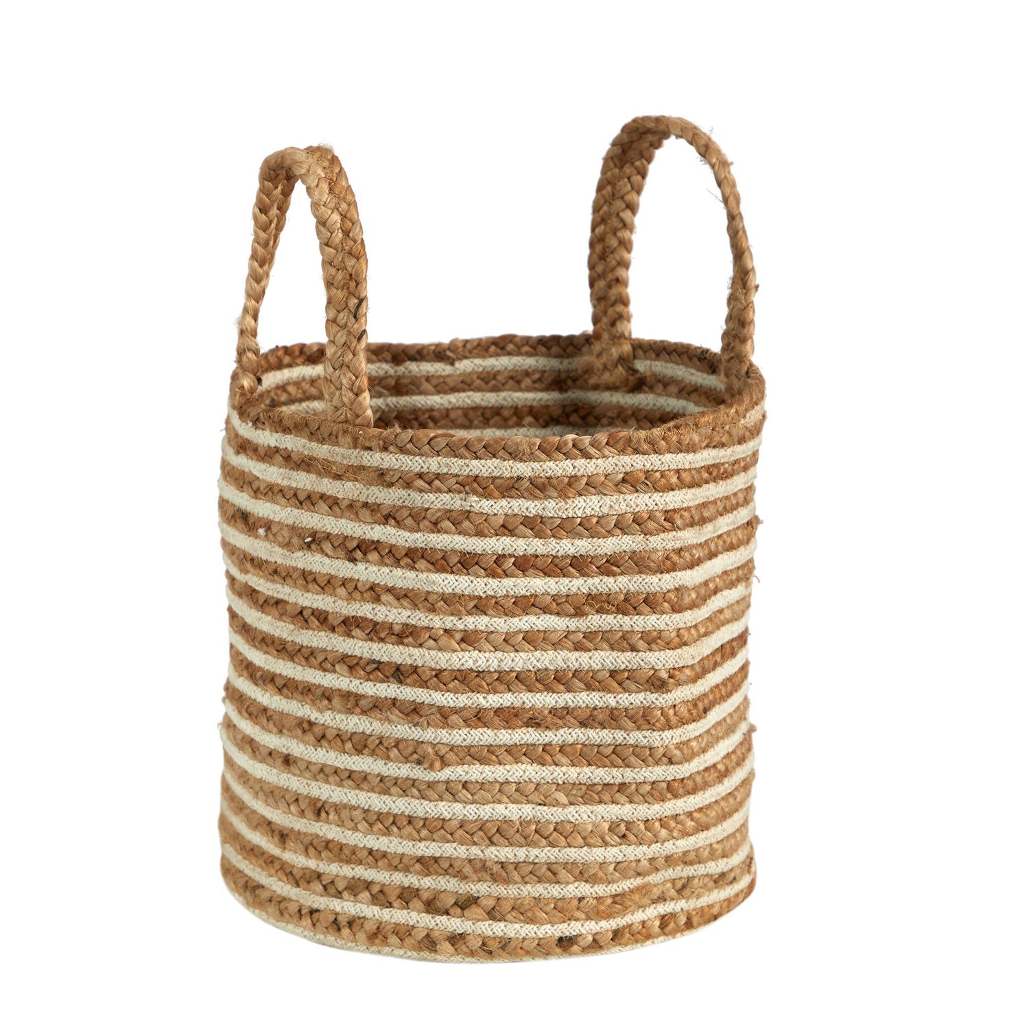 14” Boho Chic Basket Natural Cotton and Jute, Handwoven Stripe with Handles