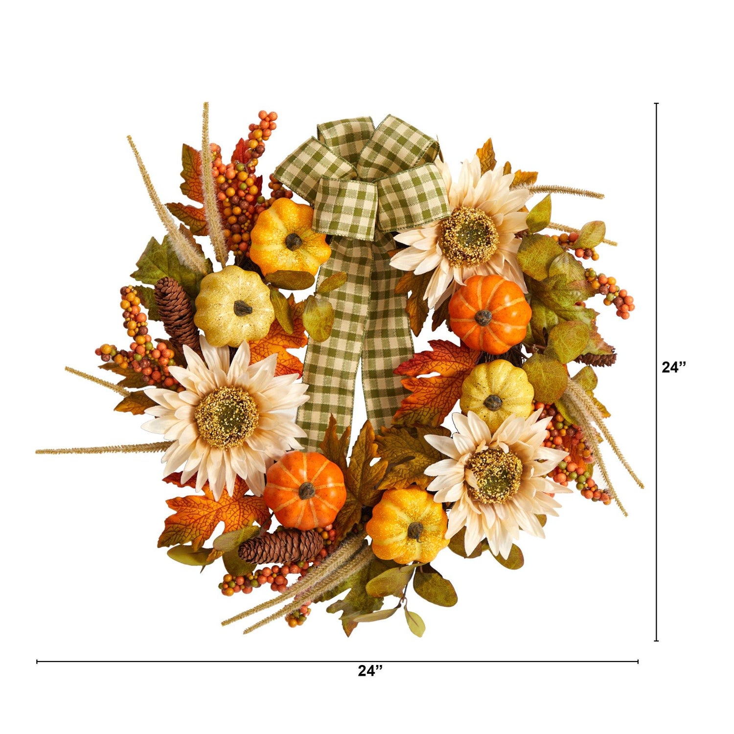 24” Fall Pumpkin, Sunflower Artificial Autumn Wreath with Decorative Ribbon