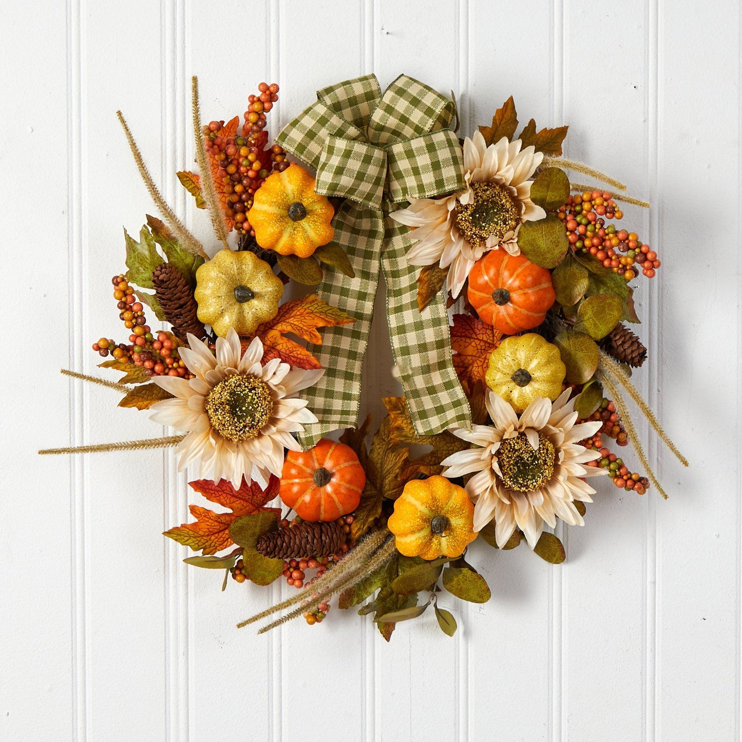 24” Fall Pumpkin, Sunflower Artificial Autumn Wreath with Decorative Ribbon