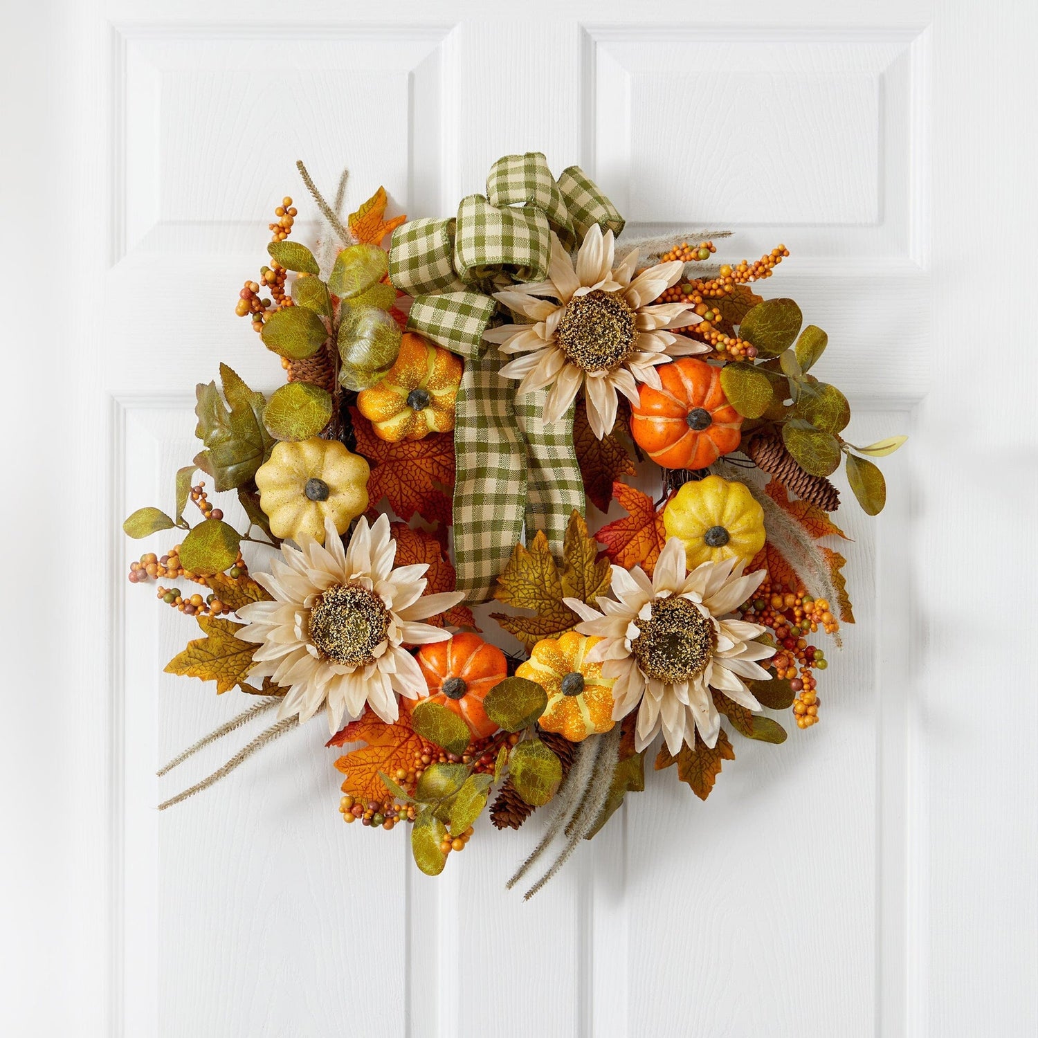 24” Fall Pumpkin, Sunflower Artificial Autumn Wreath with Decorative Ribbon