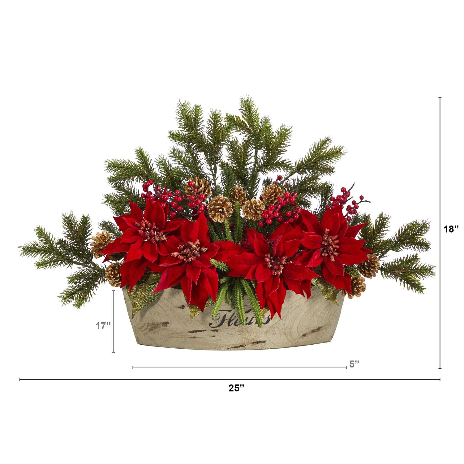 25” Poinsettia, Succulent and Pine Artificial Arrangement in Decorative Vase