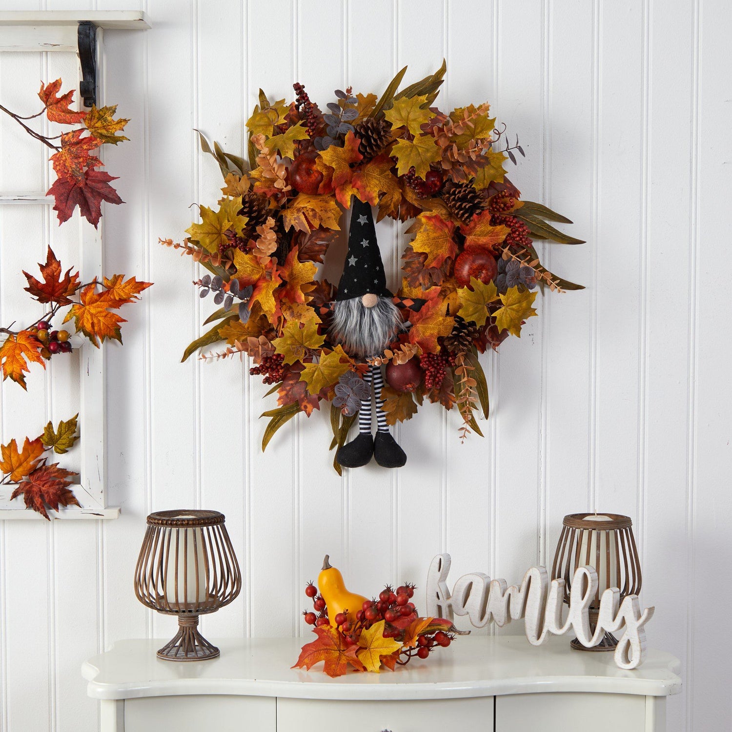 28" Harvest Fall Gnome Artificial Autumn Wreath"