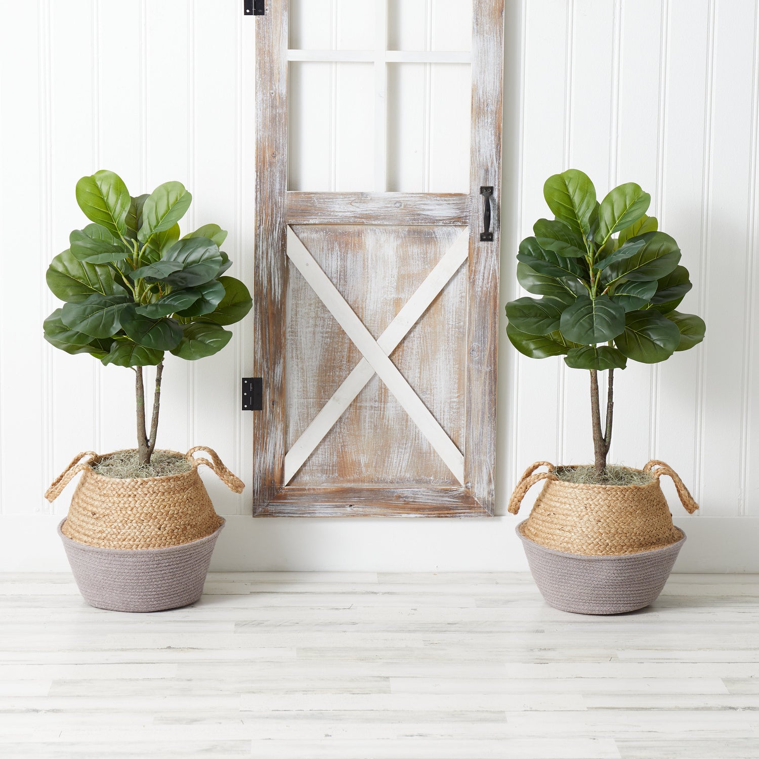 3’ Artificial Fiddle Leaf Fig Tree with Handmade Cotton & Jute Woven Planter DIY Kit - Set of 2