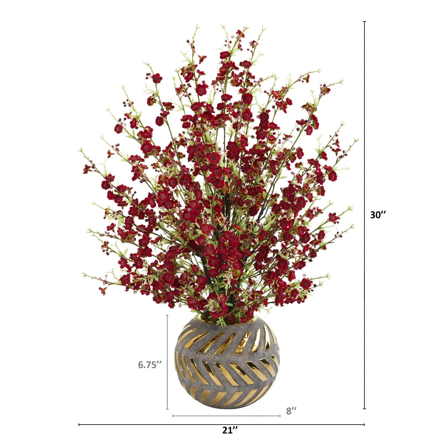 30” Cherry Blossom Artificial Arrangement in Stoneware Vase with Gold Trimming