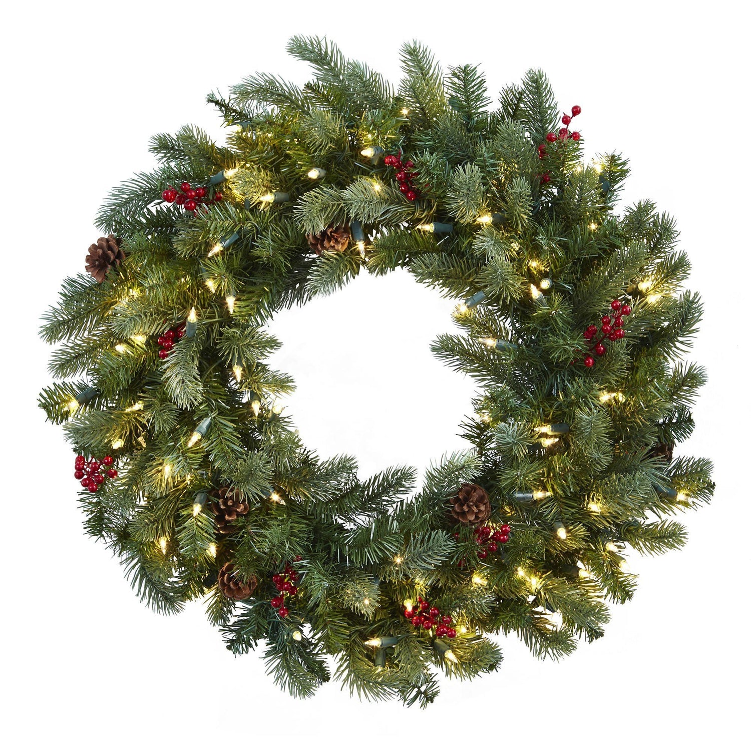 30” Lighted Pine Wreath w/Berries & Pine Cones