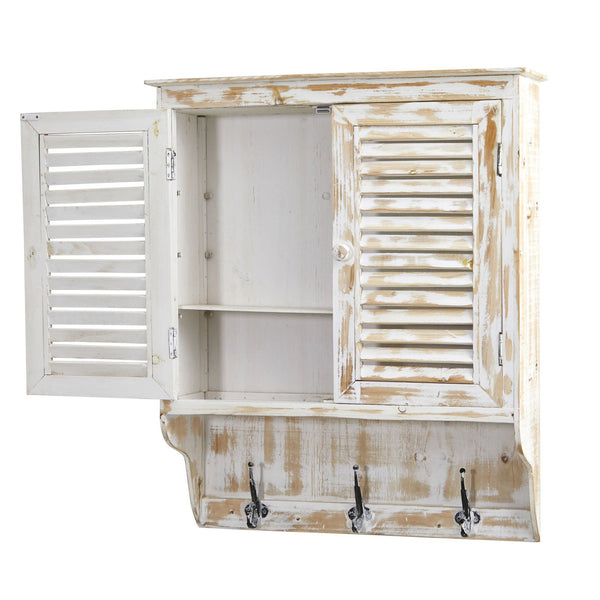 32” White Washed Wall Cabinet with Hooks