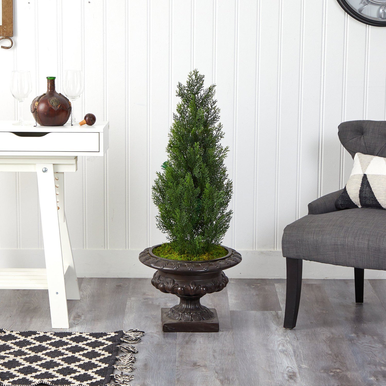3.5’ Mini Cedar Artificial Pine Tree in Iron Colored Urn UV Resistant (Indoor/Outdoor)