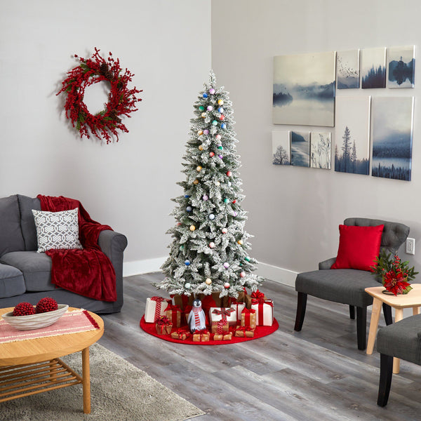 5' Flocked British Columbia Mountain Fir Artificial Christmas Tree with 50 Multi Color Globe Bulbs and 379 Bendable Branches