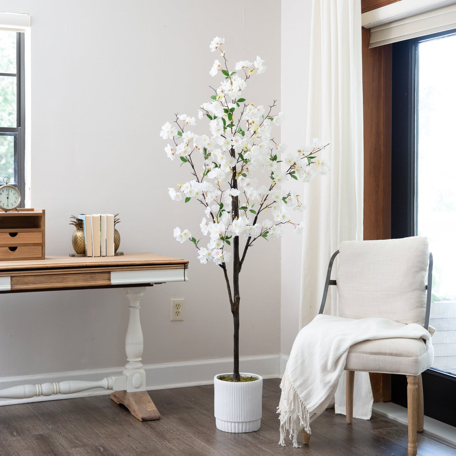 6’ Artificial Cherry Blossom Tree with White Decorative Planter