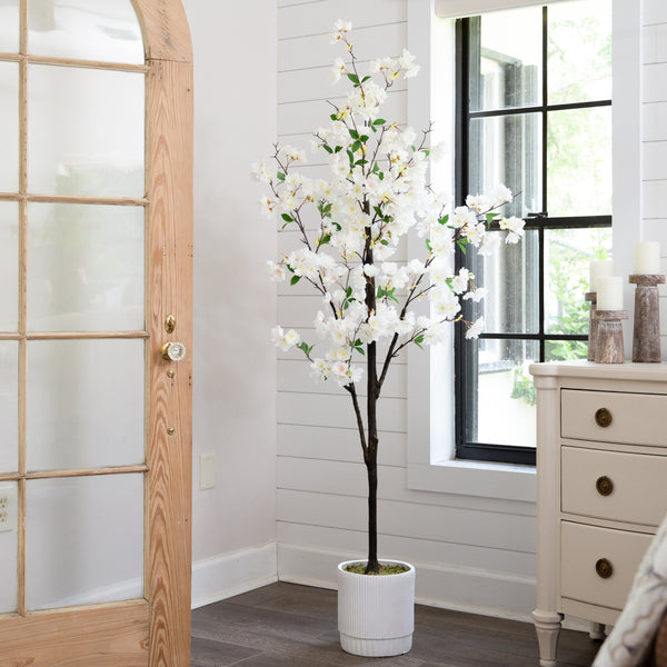 6’ Artificial Cherry Blossom Tree with White Decorative Planter