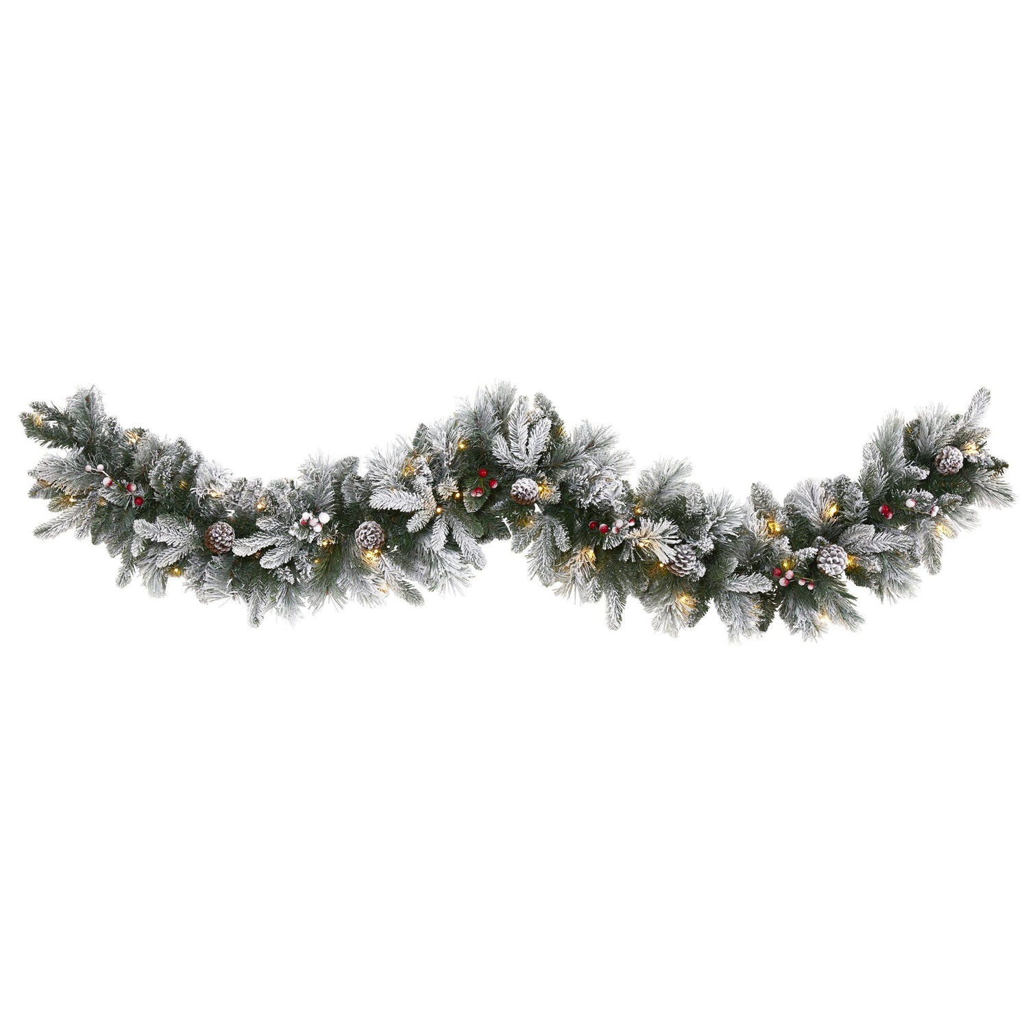 6’ Flocked Mixed Pine Artificial Christmas Garland with 50 LED Lights, Pine Cones and Berries