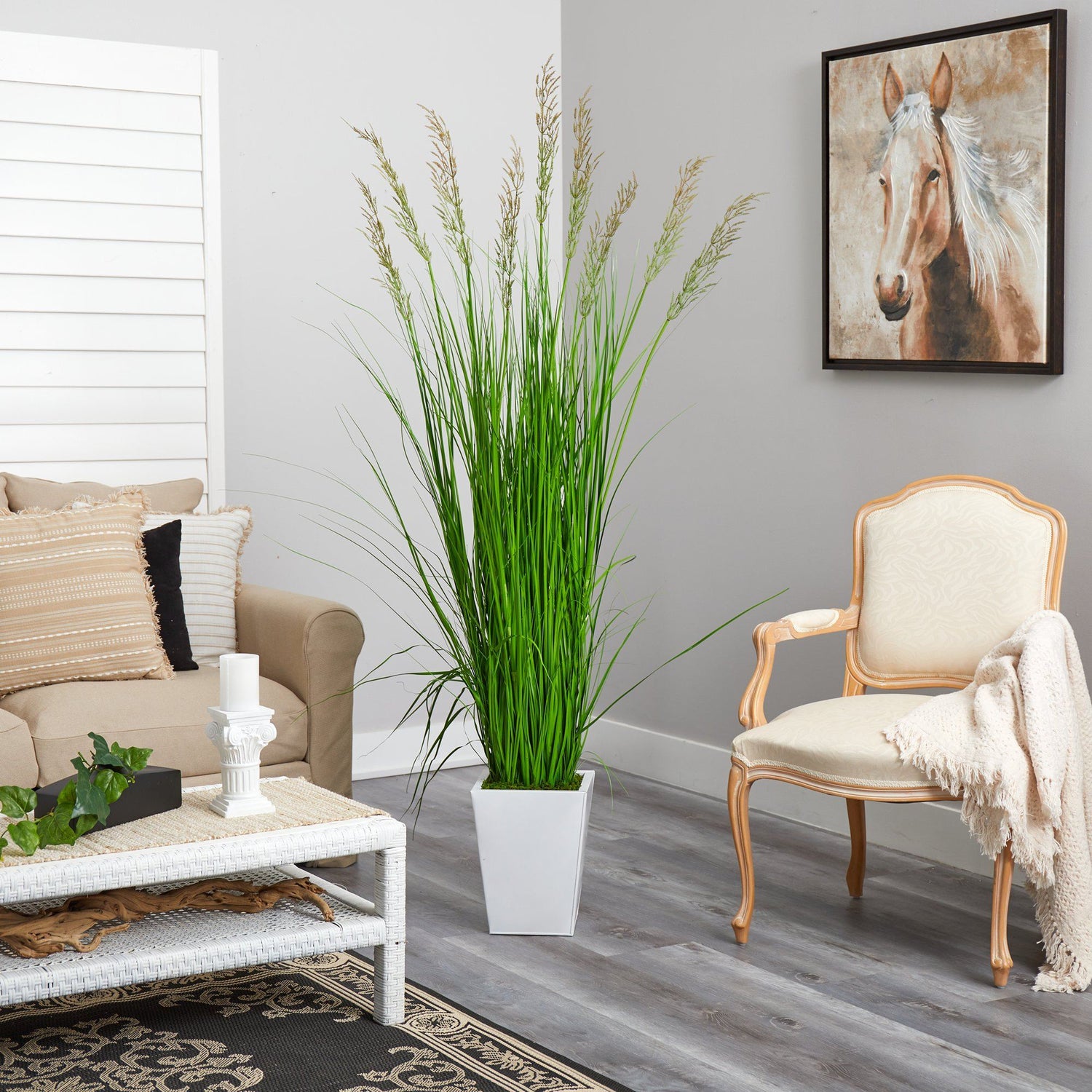 75” Grass Artificial Plant in White Metal Planter