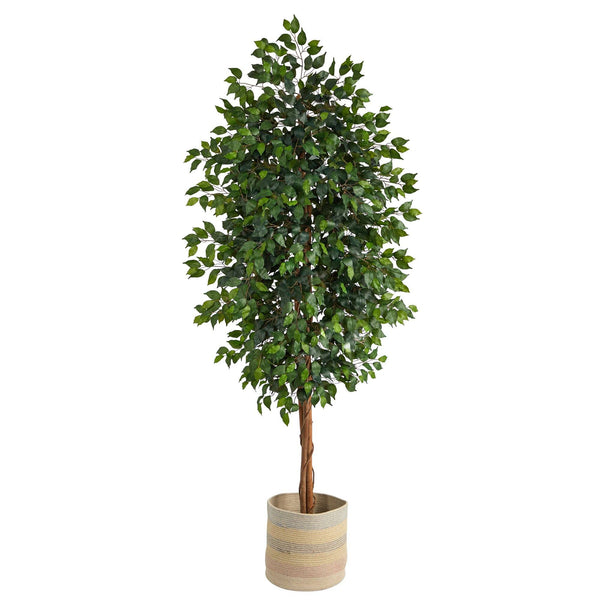 8’ Ficus Artificial Tree with Handmade Natural Cotton Multicolored Woven Planter