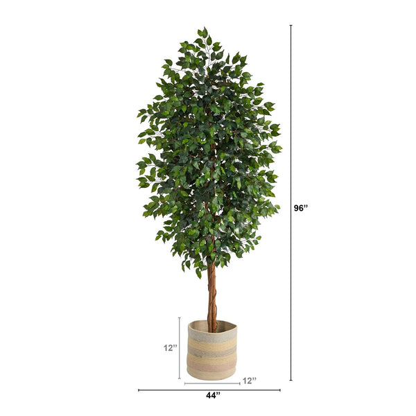 8’ Ficus Artificial Tree with Handmade Natural Cotton Multicolored Woven Planter
