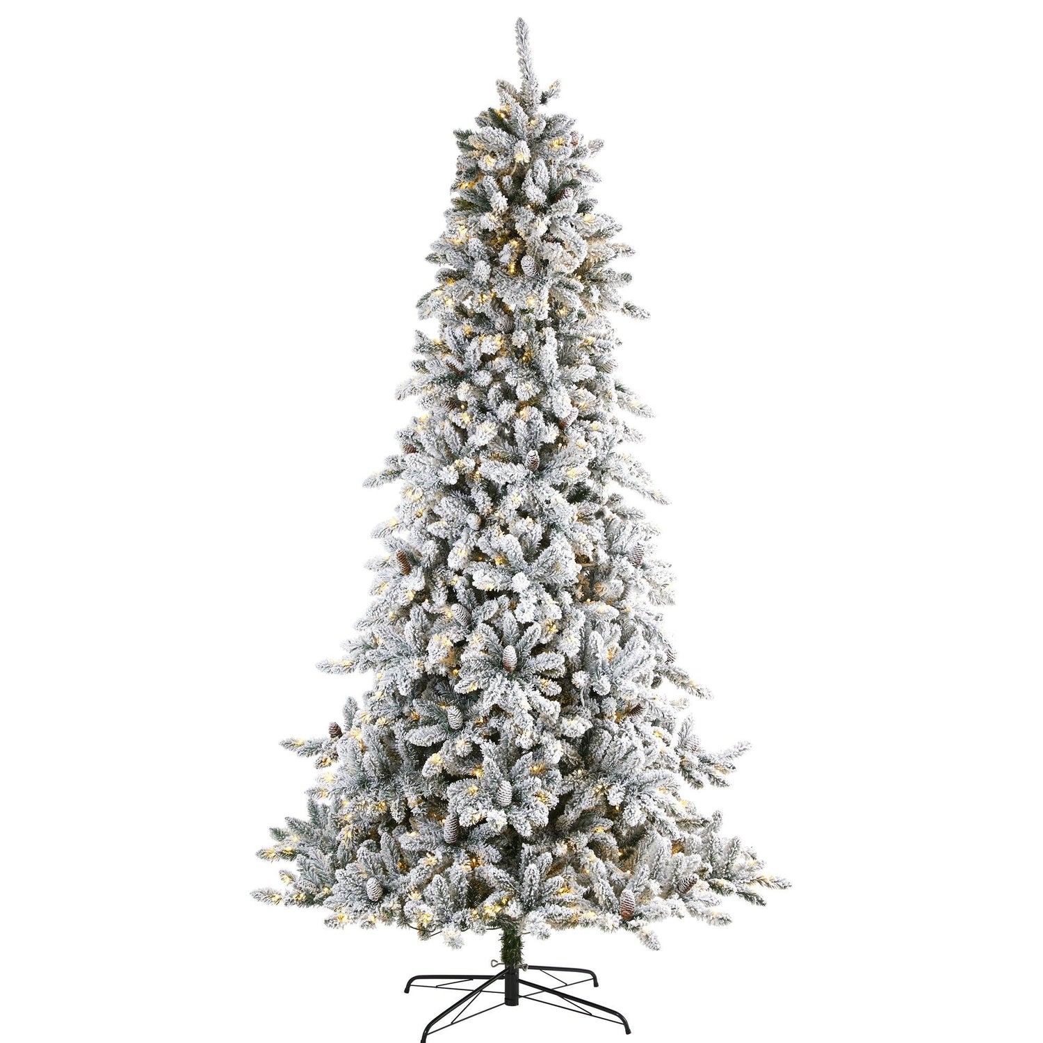 9’ Flocked Livingston Fir Artificial Christmas Tree with Pine Cones and 650 Clear Warm LED Lights