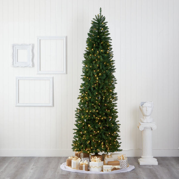 9’ Slim Green Mountain Pine Artificial Christmas Tree with 600 Clear LED Lights