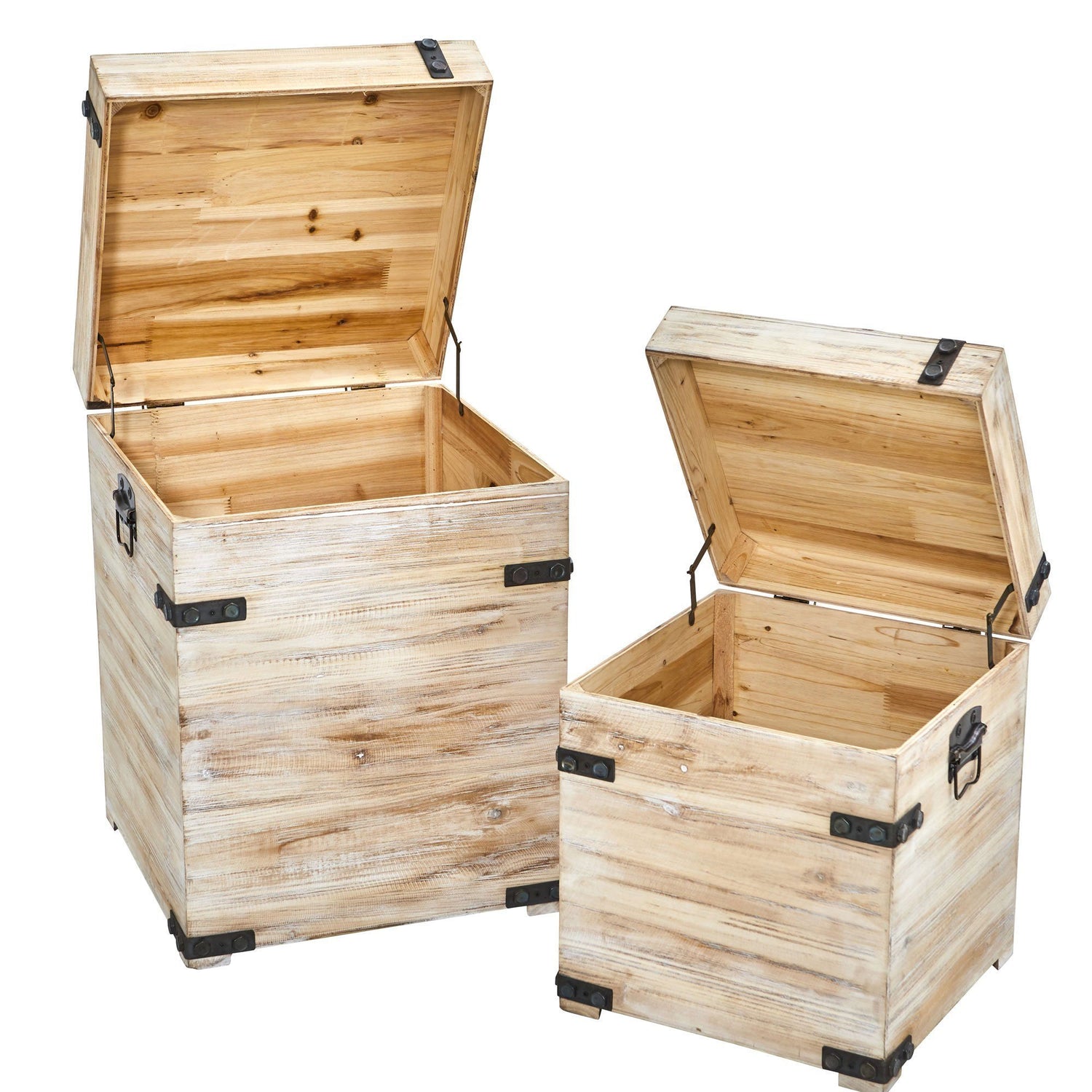 Decorative White Wash Storage Boxes-Trunks with Metal Detail (Set of 2)